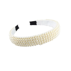 Serre-tête large élégant orné de plusieurs rangées de perles d'imitation blanc crème pour femmes