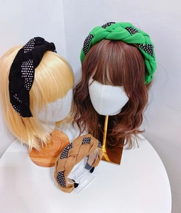 Braided fabric headbands with rhinestones in black, green, and brown colors