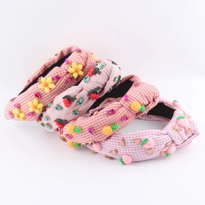 Serre-tête en Tissu à Carreaux à la Mode avec Incrustation de Strass Décor de Fruits Nœud Large Coiffe Douce pour Fête Femme Accessoires Cheveux