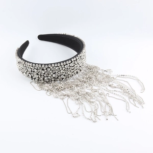 Baroque style wide headband with sparkling crystal rhinestones and long tassel fringe