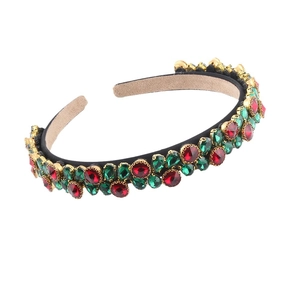Fashionable luxury headband with red and green rhinestones on black velvet base