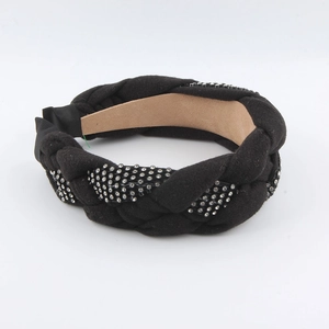 Fashion braided black velvet headband with sparkling rhinestones for a high top hairstyle