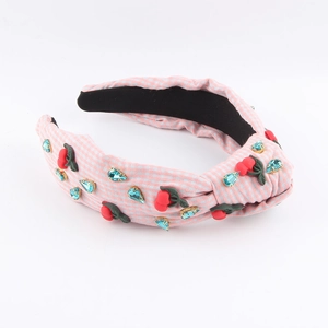 Serre-tête en tissu à carreaux roses avec cerises 3D et strass pour femmes