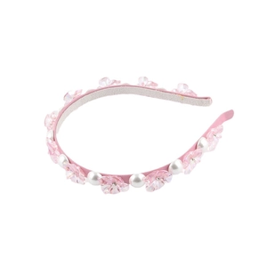 Cerchietto rosa alla moda con perle bianche e strass scintillanti per donne