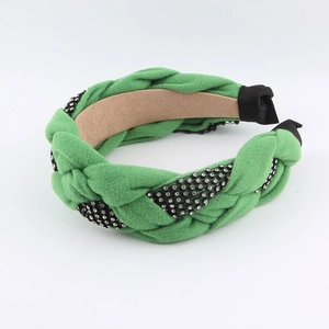 Green braided fabric headband with sparkling rhinestones and wide padded design for women