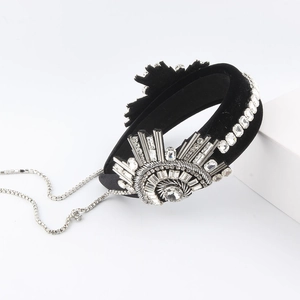 Vintage Luxury Black Velvet Sponge Headband With Radial Rhinestone Decor Silver Tassel Chain Hair Accessory For Women