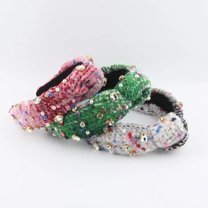 Damen Breiter Knoten Tweed Haarreif Mit Strass Und Künstliche Perlenimitat Karierter Stoff Haarreif Vintage Mode Haarschmuck