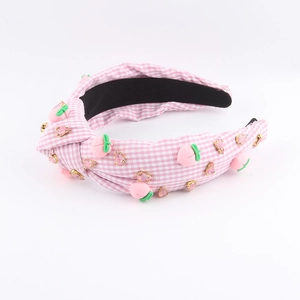 Détails du serre-tête à carreaux roses avec strass et charms en forme de pêche sucrée