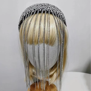 Luxury Baroque style silver headband with sparkling rhinestones and long fringe tassels
