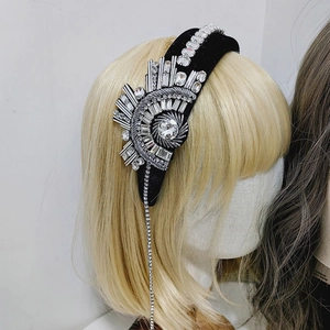 Luxury black velvet headband with vintage rhinestone pattern and long crystal tassel