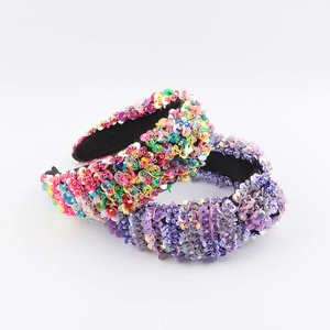 Women Fashion Colorful Sequin Wide Headband Handmade Artificial Crystal Bead Padded Hairband Party Sparkly Headwear Accessory