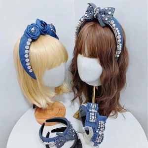 Baroque denim sponge headband with crystal rhinestones and vintage bow decorations