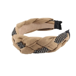 Fashionable camel woven headband with sparkling rhinestones for a retro vintage hair style