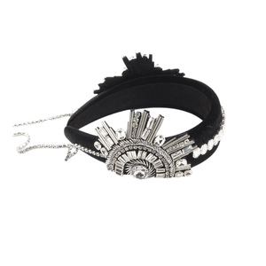 Luxury black velvet headband with sparkling rhinestone crystals and long tassel fringe