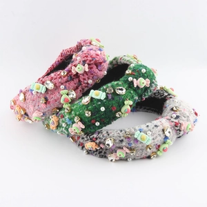 Serre-tête en Tweed Noué pour Femme Avec Strass Künstliche Perles Fausses Décor Bonbon Rétro Fête Doux Accessoires de Cheveux