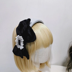 Princess style velvet bow headband with pearl flower and diamond accent for women