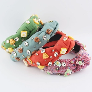 Cerchietto a Nodo Largo in Tessuto alla Moda per Donna Con Strass Colorati e Simpatici Ciondoli in Resina Cibo Accessori Capelli