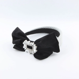 Elegant Black Velvet Bow Headband With Faux Artificial Pearl Rhinestone Silver Lattice Grid Fabric Hair Accessories For Women Party