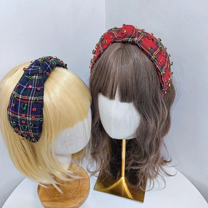 Fashionable British style plaid knot headband with colorful rhinestones for women
