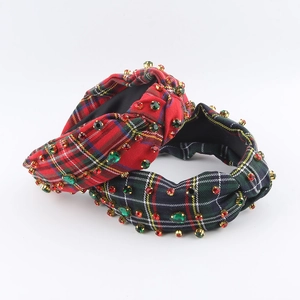 Vintage British Style Plaid Rhinestone Padded Headband For Women Retro Tartan Wide Side Knotted Hair Band Hair Accessories