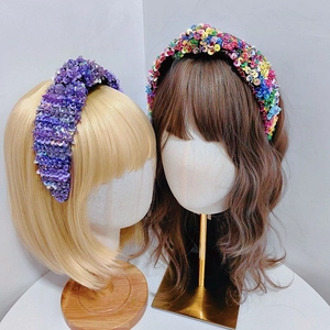 Fashionable sequin crystal headband for women with colorful shiny patterns in wide side style