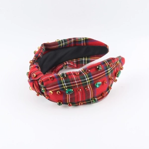 Vintage red plaid headband with sparkling rhinestones and black non-slip lining