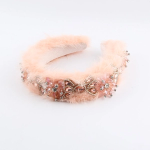 Luxury Baroque style peach pink faux fur headband with crystal rhinestone embellishments
