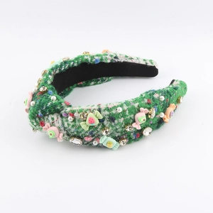 Serre-tête en tweed vert avec nœud élégant, strass en cristal et breloques