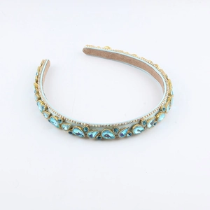 Fashionable crystal headbands with light blue teardrop stones on gold metal base