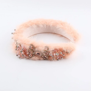 Luxury Baroque style pink faux fur headband with sparkling crystals and floral rhinestones