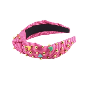 Pink striped knotted headband with colorful heart patches and pearls for women