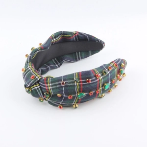 British style wide plaid headband with red and green gems and classic knot design