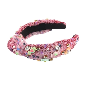 Serre-tête en tweed rose avec strass, perles et breloques bonbons pour femmes