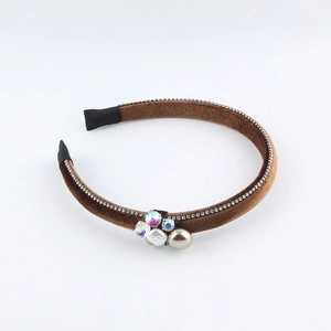 Vintage brown velvet headband with luxury sparkling rhinestones and champagne pearl decoration