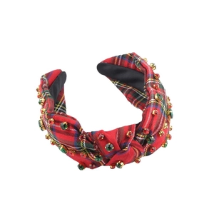 Fashion red plaid knotted headband with colorful rhinestones for women hair accessory