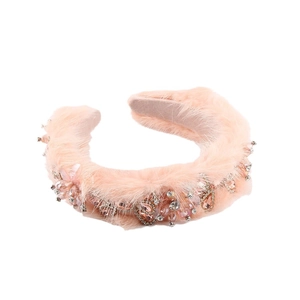 Luxury baroque pink faux fur headband with sparkling crystals and rhinestones decoration