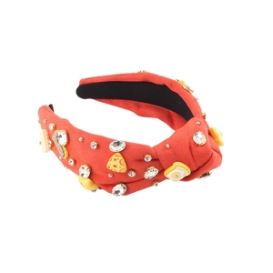 Cerchietto rosso annodato alla moda con strass scintillanti e ciondoli di cibo carini