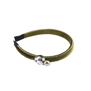 Olive green velvet headband with rhinestones and pearl accents for stylish women