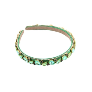 Elegant green satin headband with pear-shaped rhinestones and black crystals