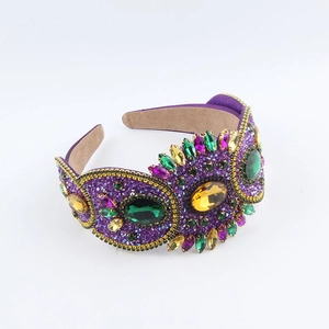 Baroque style wide headband with multicolored rhinestones and purple fabric base
