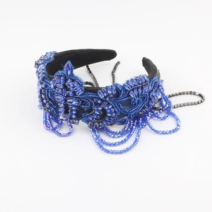 Serre-tête de luxe en cristal bleu marine avec broderies et pompons à franges perlées