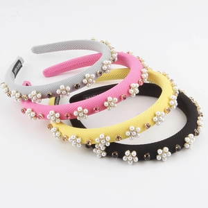 Vintage Baroque Padded Headband With Artificial Pearl Flower Rhinestone Knitted Fabric Handmade Hair Accessory For Women Party Gift
