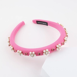 Pink baroque padded headband with white pearl flowers and rhinestones on fabric base