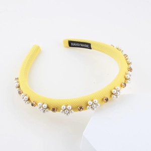 Yellow fabric headband with handmade pearl flowers and crystal details for women