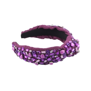Serre-tête baroque violet noué orné de strass étincelants et de perles de cristal