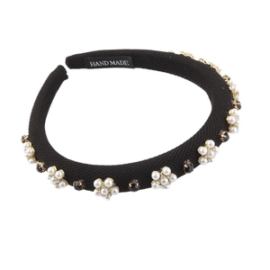 Baroque black headband with pearl flowers and dark crystals in a vintage elegant style