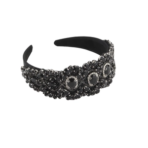 Luxury black wide headband for women featuring shimmering crystals and beaded patterns