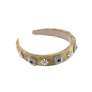 Serre-tête large baroque en jacquard doré orné de strass, perles et pierres noires