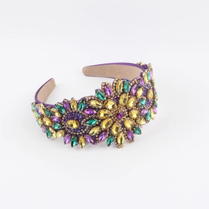 Baroque wide headband with full floral rhinestones and colorful crystals on purple fabric