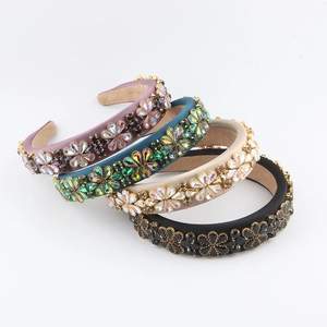 Baroque Rhinestone Flower Padded Headband For Women Vintage Luxury Wide Satin Crystal Hairband Party Jewelry Accessory